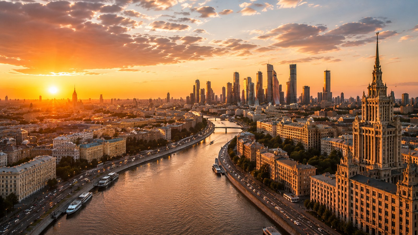 Панорама Москвы с&nbsp;видом на&nbsp;Москва-Сити и&nbsp;реку на&nbsp;закате