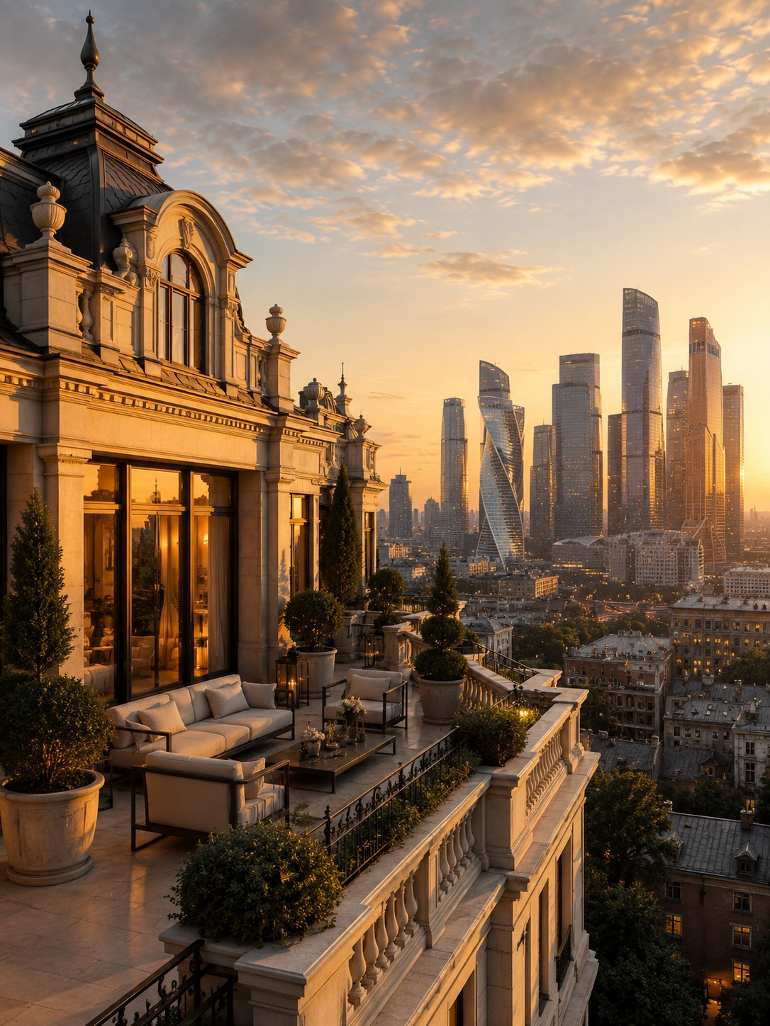Терраса премиального дома с&nbsp;видом на&nbsp;Москва-Сити на&nbsp;закате