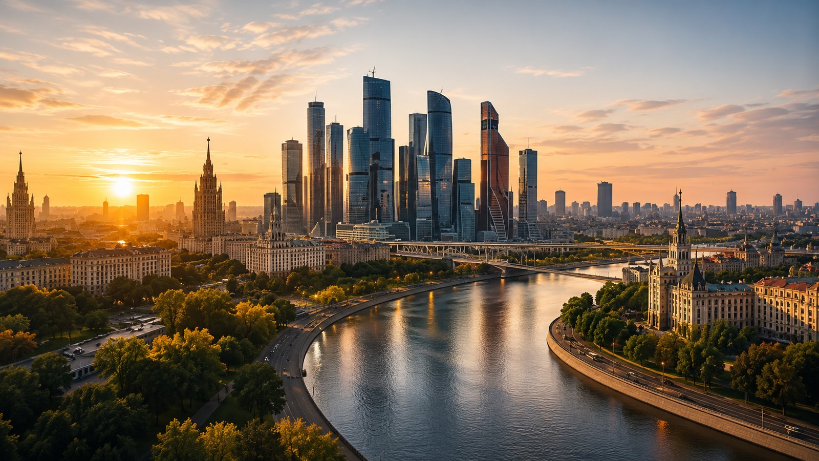 Панорама Москвы с&nbsp;видом на&nbsp;Москва-Сити и&nbsp;реку на&nbsp;закате